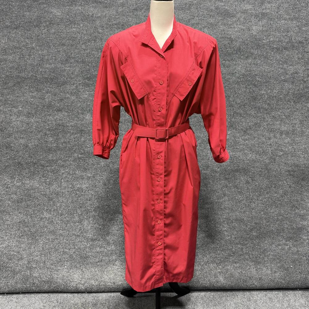 Vintage N.R.1 By Ned Gould Shirt Dress Womens 12 Red Button Belted Midi 80s USA